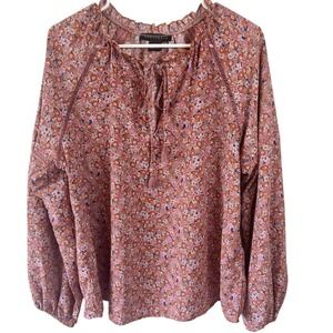 Sanctuary‎ Floral Blouse Size Large - Long Sleeve Ruffle Neckline Tassel Ties